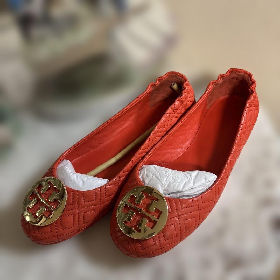 デパート購入試着のみトリーバーチオレンジ キルティングバレエシューズ38サイズ