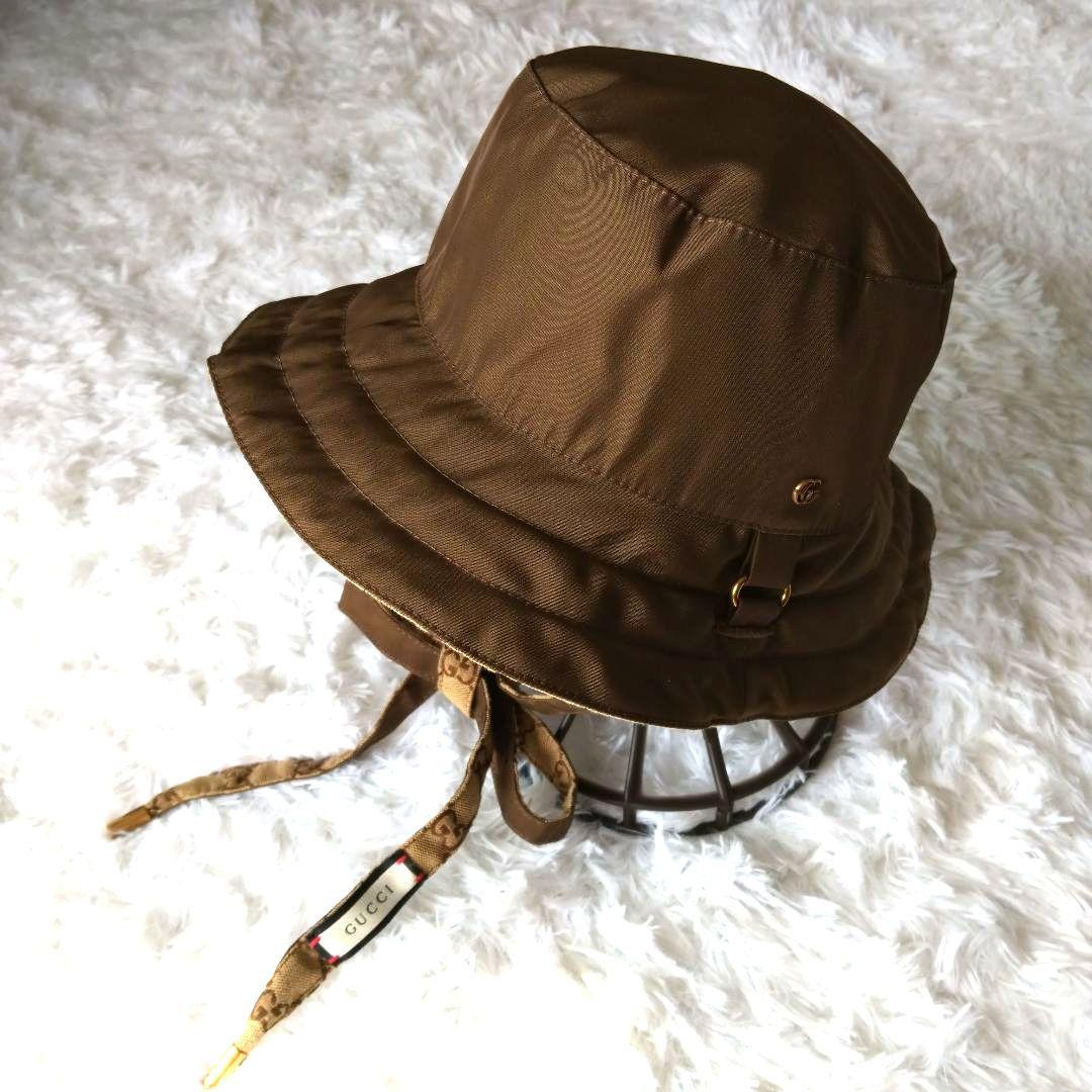 【美品】GUCCI GGパターン 茶&ベージュのリバーシブルバケットハット