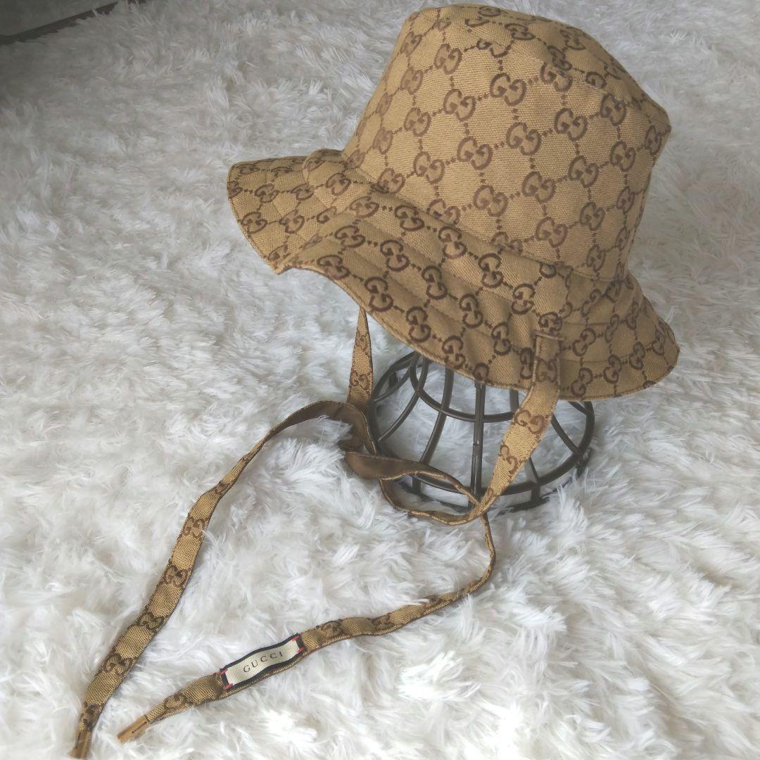 【美品】GUCCI GGパターン 茶&ベージュのリバーシブルバケットハット