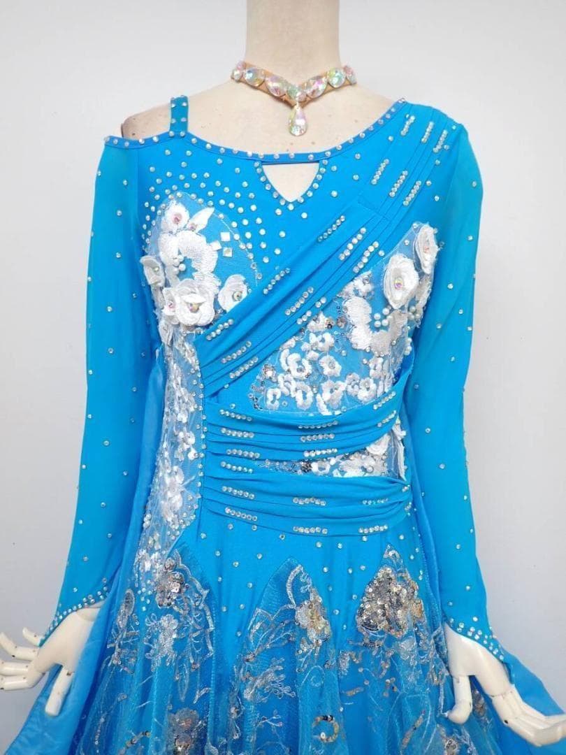 6355★MLサイズ★濃い水色/シルバー/スタンダードドレス☆社交ダンス