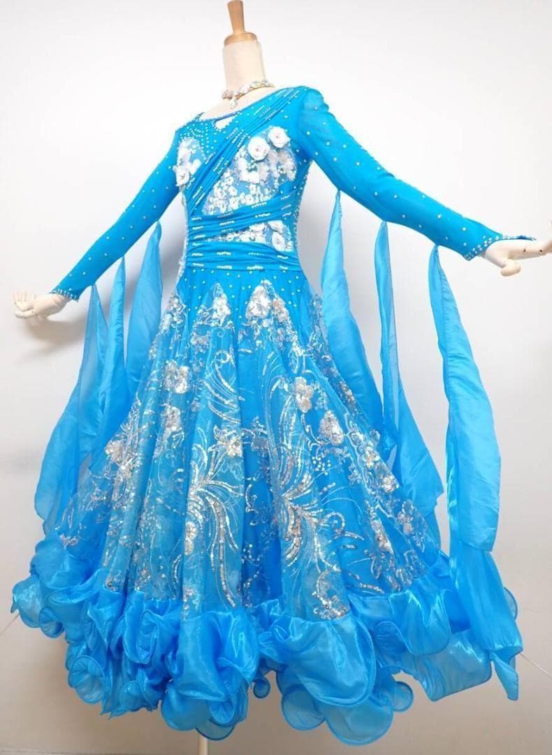 6355★MLサイズ★濃い水色/シルバー/スタンダードドレス☆社交ダンス