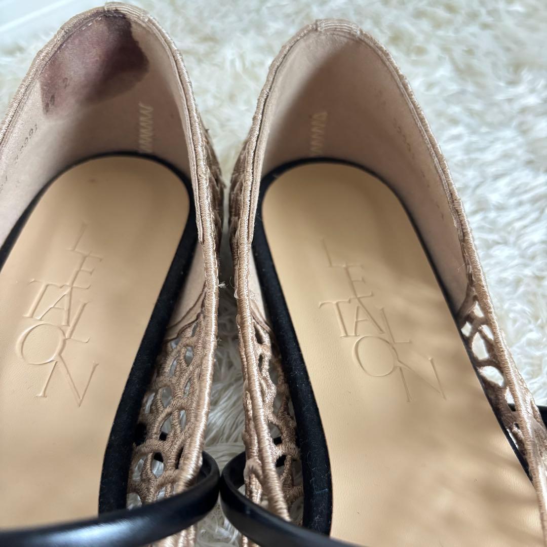 【美品】ルタロン スクエアクロシェストラップフラットシューズ メッシュ ベージュ