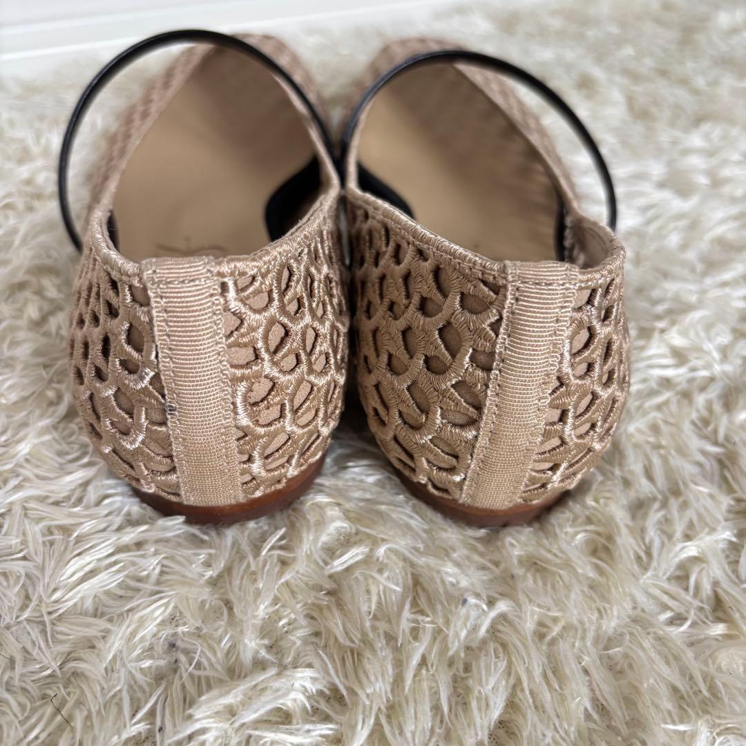 【美品】ルタロン スクエアクロシェストラップフラットシューズ メッシュ ベージュ