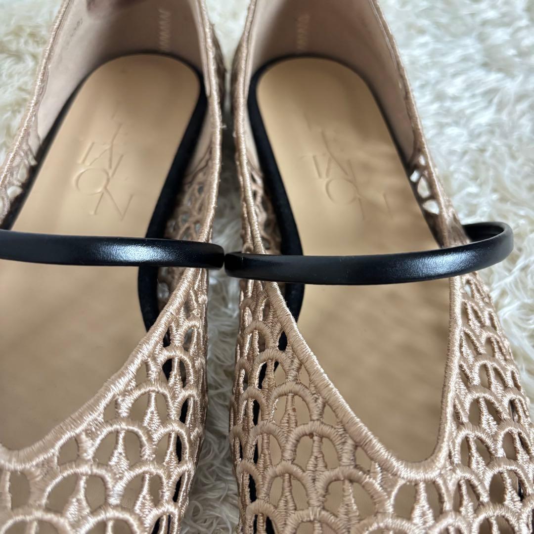 【美品】ルタロン スクエアクロシェストラップフラットシューズ メッシュ ベージュ