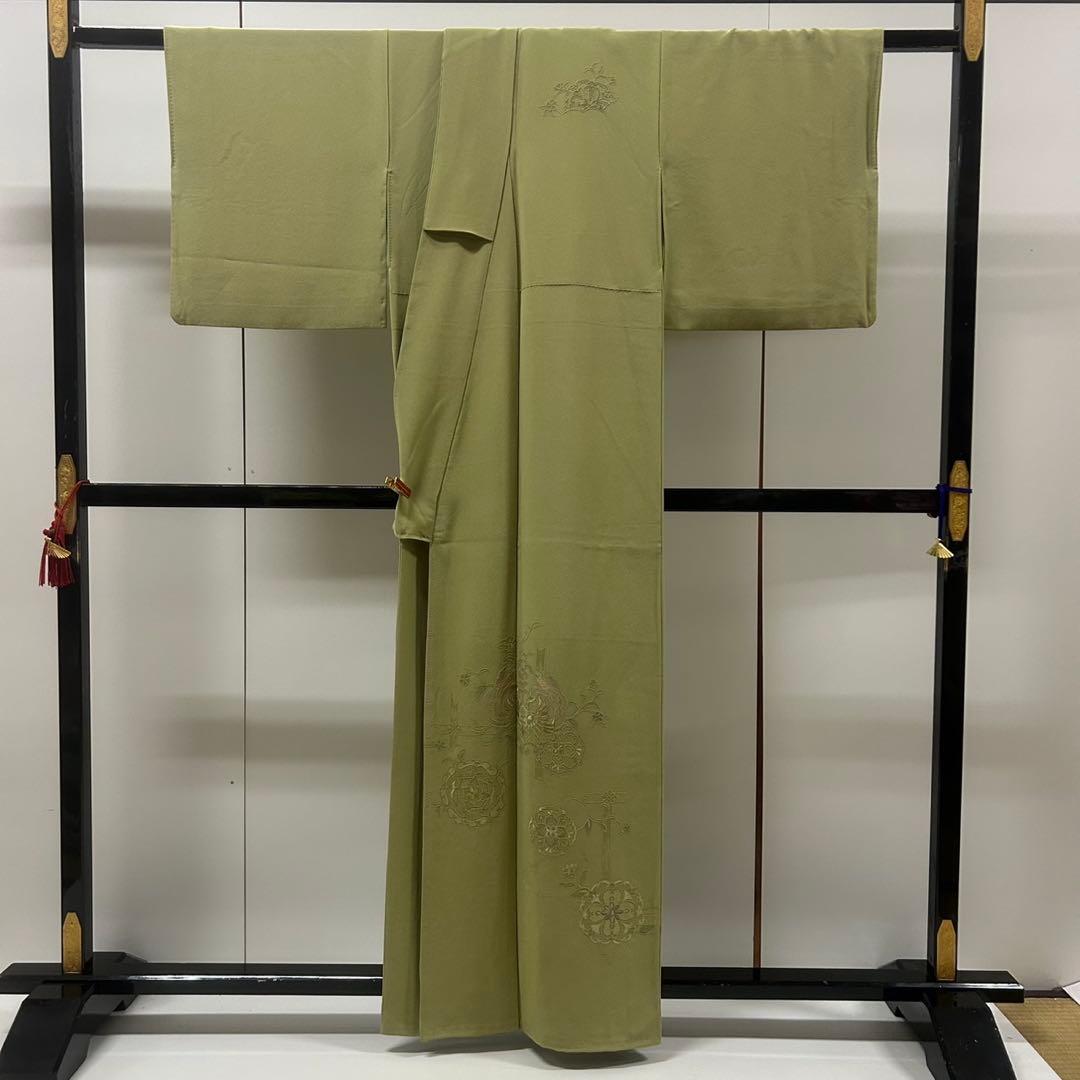 なか様　AK-4479 汕頭刺繍 蘇州刺繍 薄抹茶 裄67 紋無し 付下げ