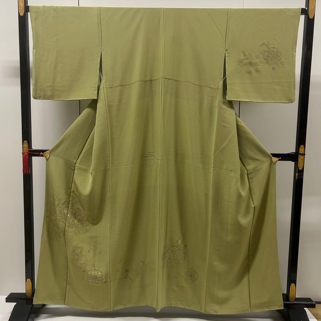 なか様　AK-4479 汕頭刺繍 蘇州刺繍 薄抹茶 裄67 紋無し 付下げ