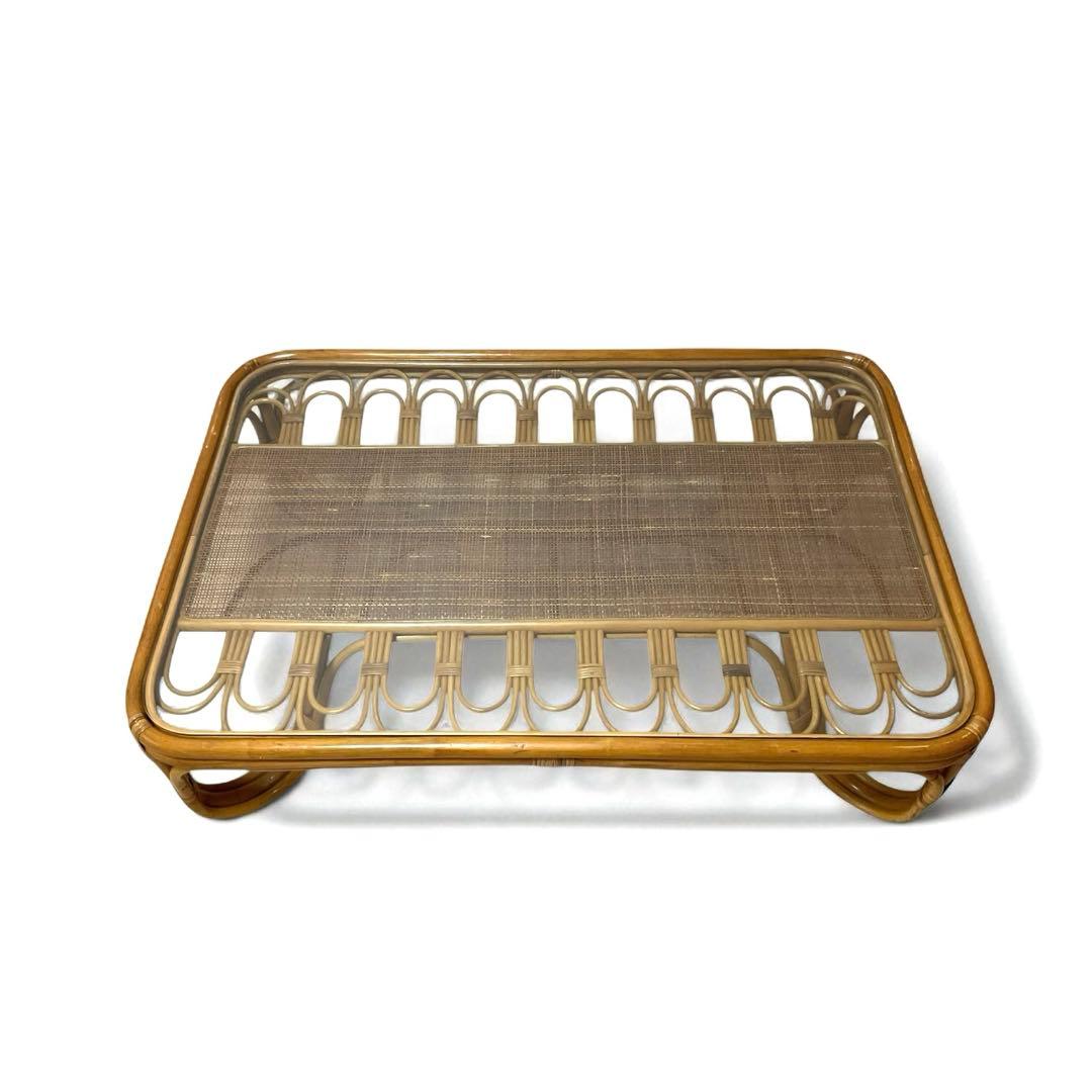 【良品】 ラタン 籐家具　ローテーブル センターテーブル 強化ガラス天板