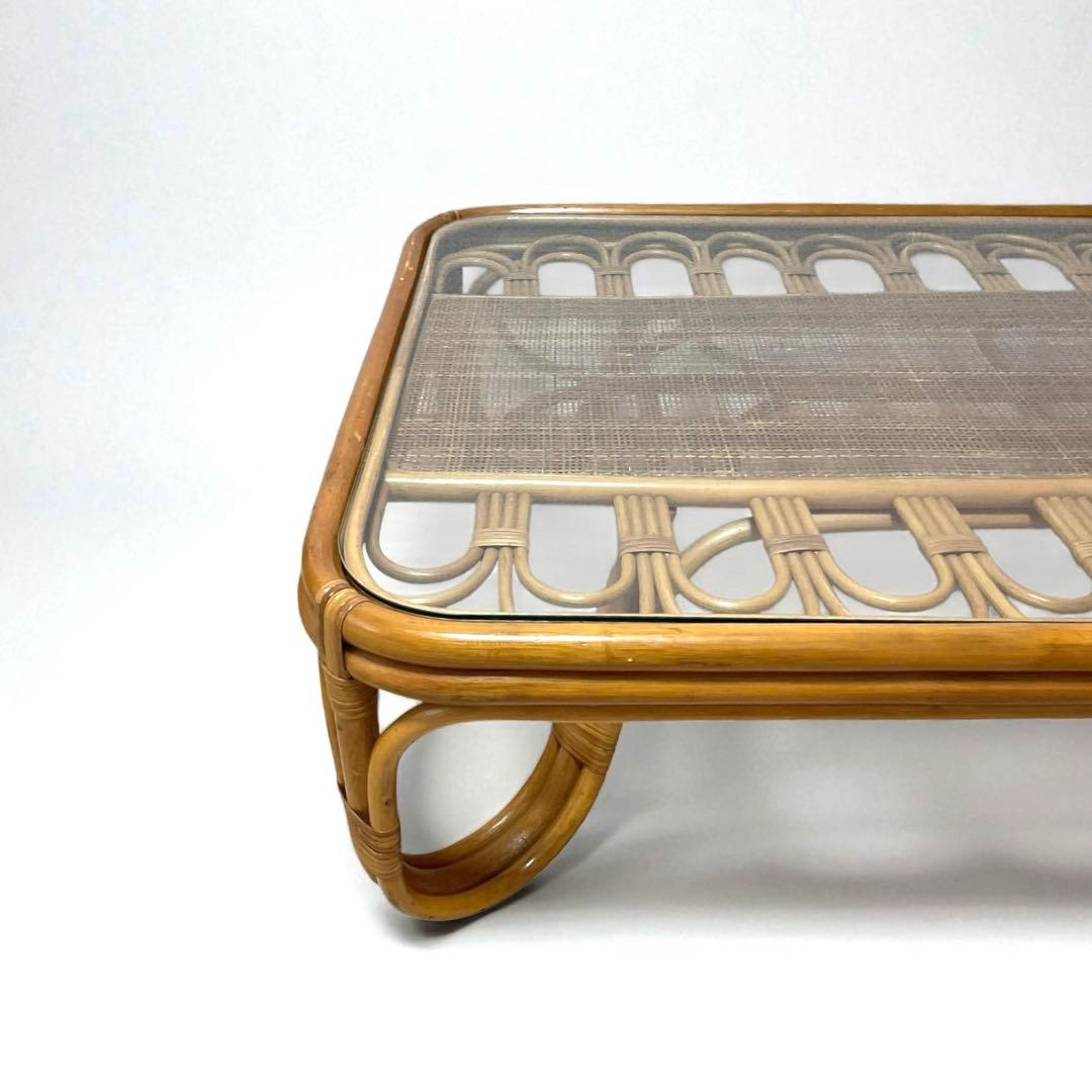 【良品】 ラタン 籐家具　ローテーブル センターテーブル 強化ガラス天板