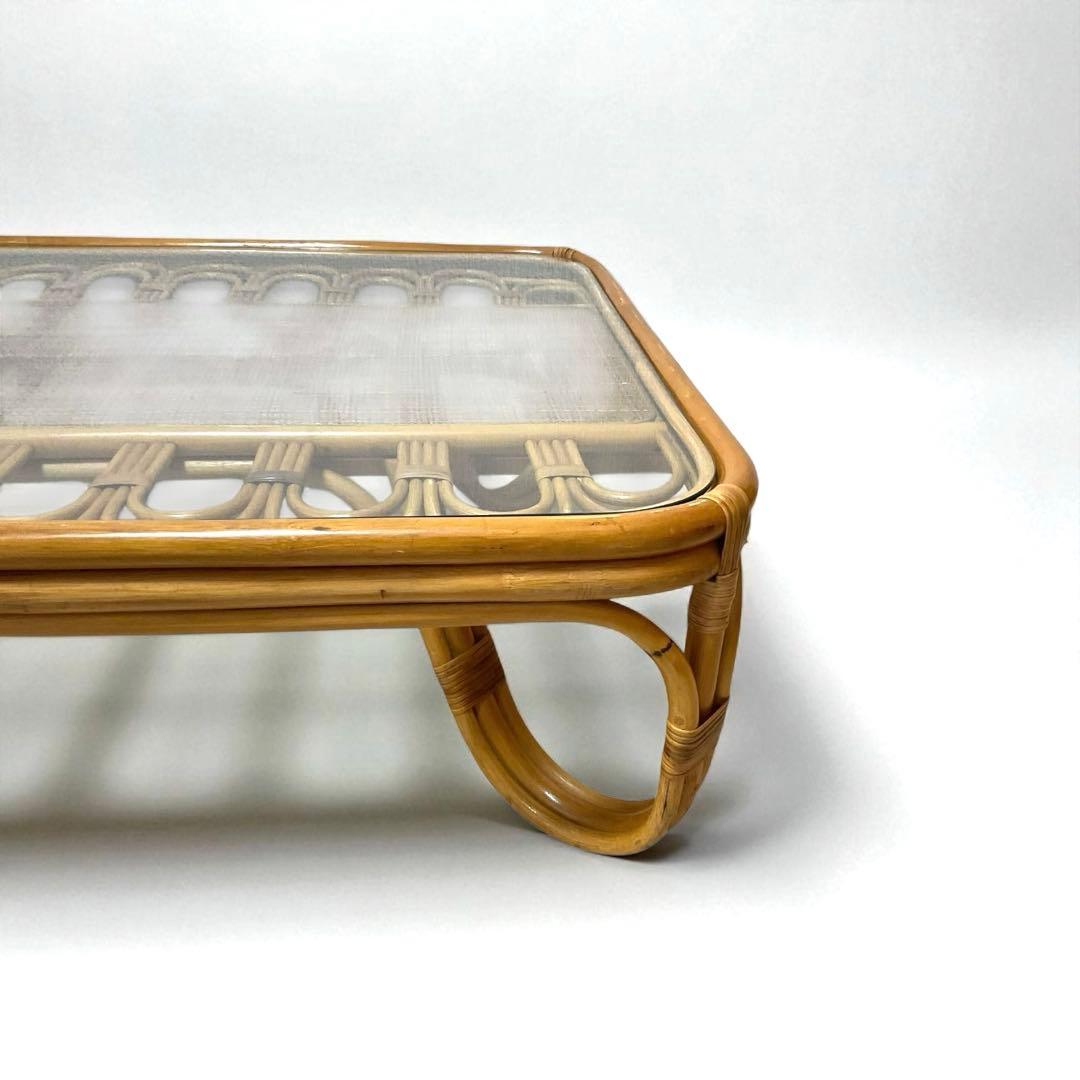 【良品】 ラタン 籐家具　ローテーブル センターテーブル 強化ガラス天板