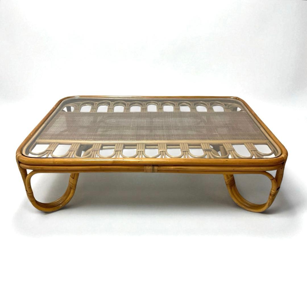 【良品】 ラタン 籐家具　ローテーブル センターテーブル 強化ガラス天板