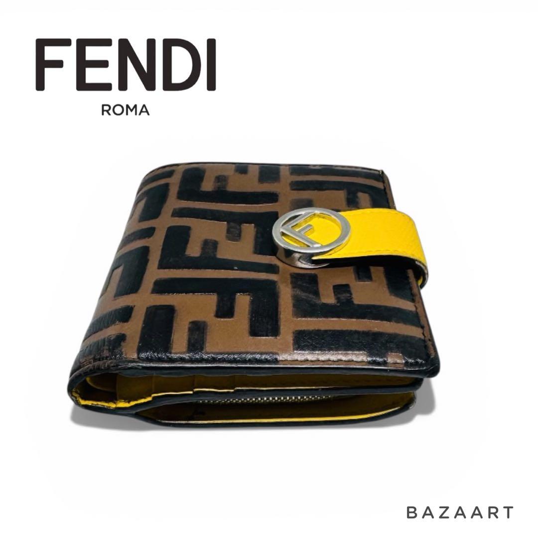 FENDI フェンディ 二つ折り財布 FFロゴ ズッカ レザー 黄色 イエロー
