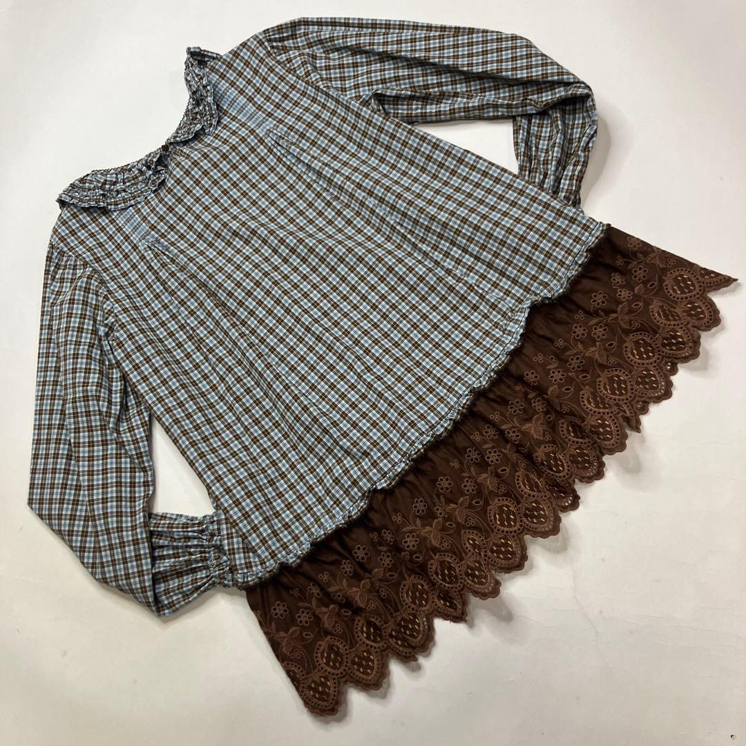 【試着のみ】ピンクハウス 水色系チェック いちごレース チュニックブラウス