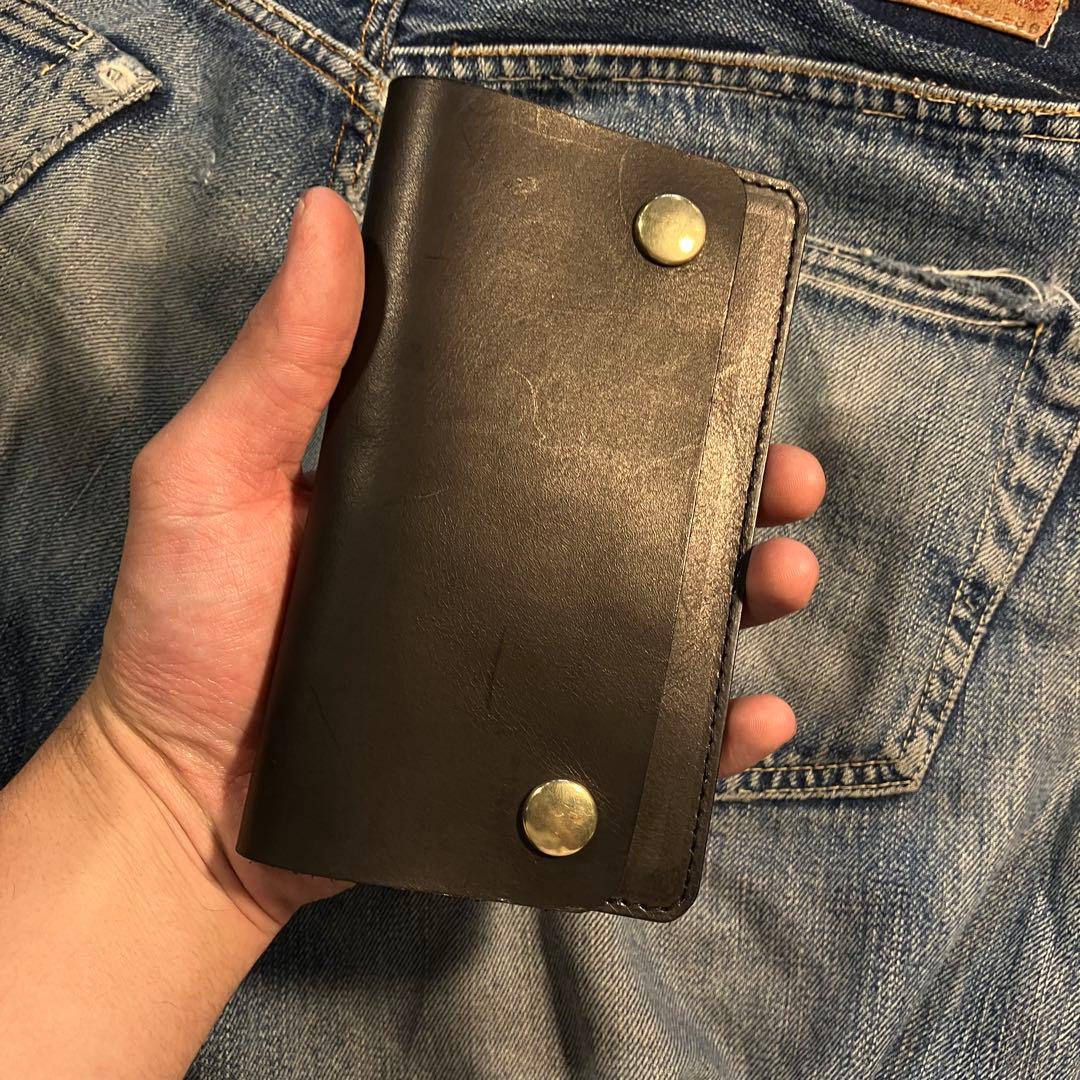 薄型ミドルトラッカーウォレット 2層 ブラス 栃木レザー ハンドメイド