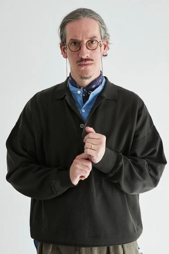 ぐ*ー様 YASHIKI Yonaga Knit Polo ポロシャツ ブラック