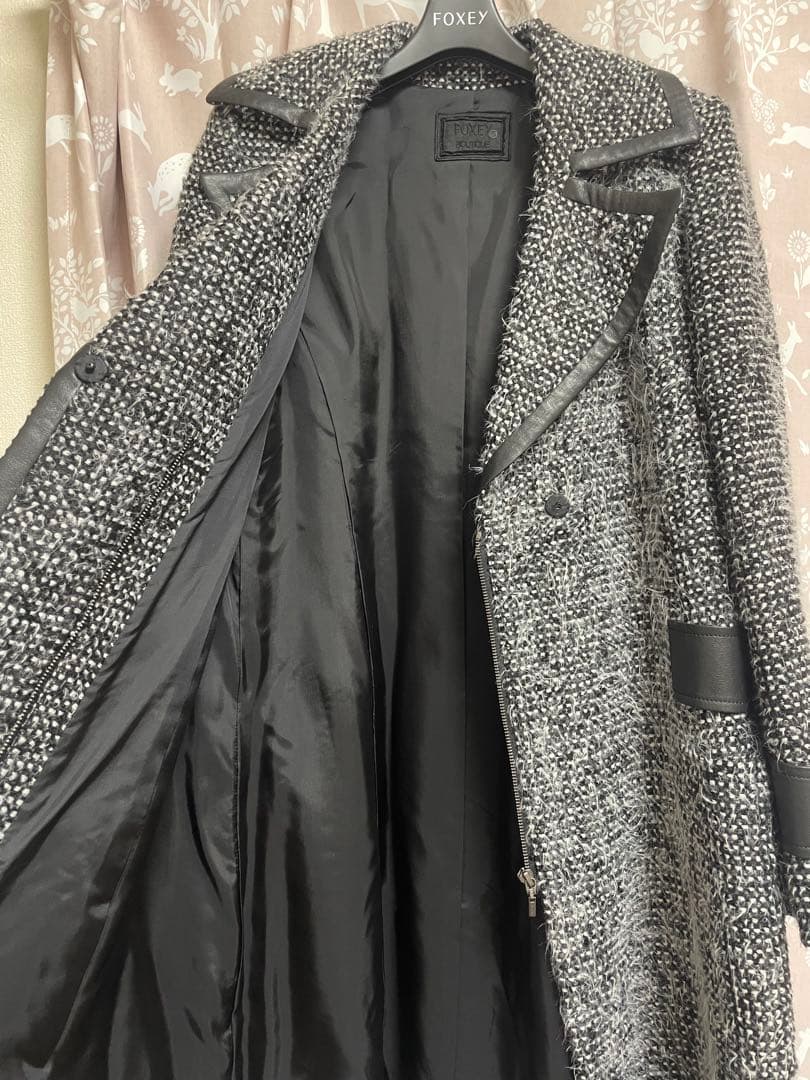 FOXEY ツイードダブルブレストコート　ホワイト　ブラック　サイズ 40