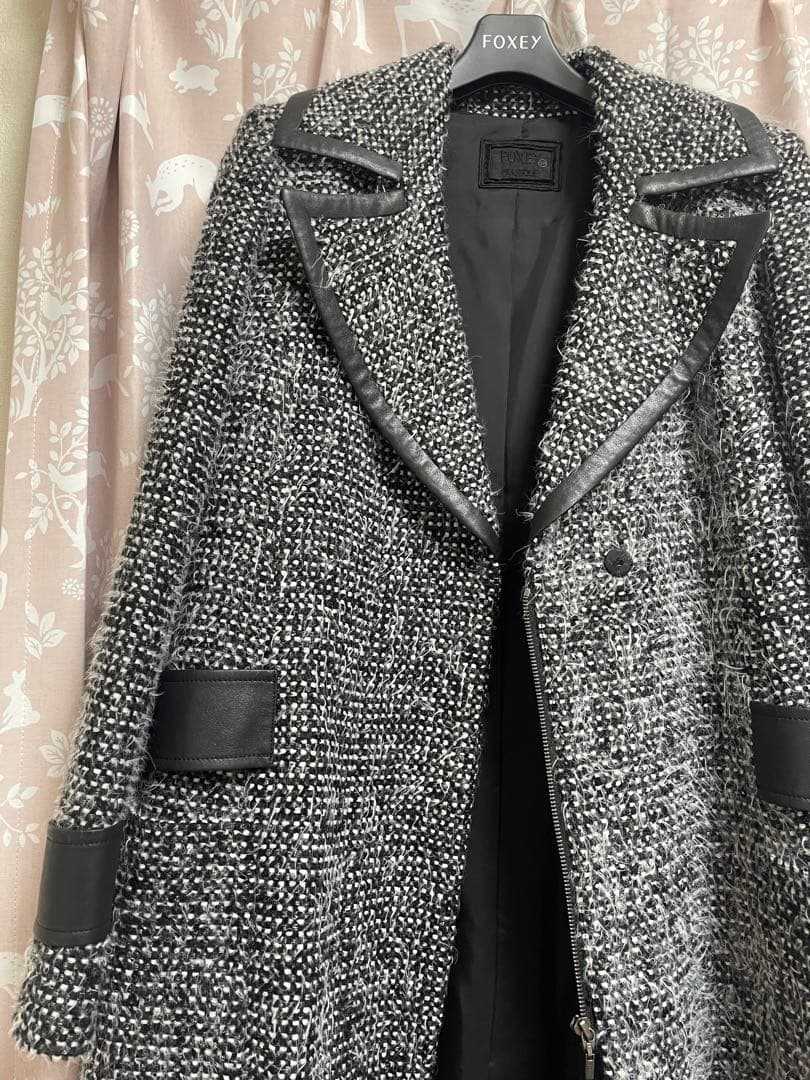 FOXEY ツイードダブルブレストコート　ホワイト　ブラック　サイズ 40