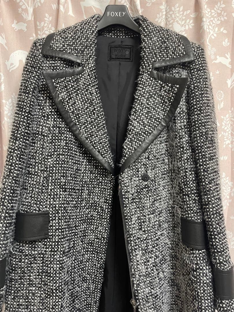 FOXEY ツイードダブルブレストコート　ホワイト　ブラック　サイズ 40