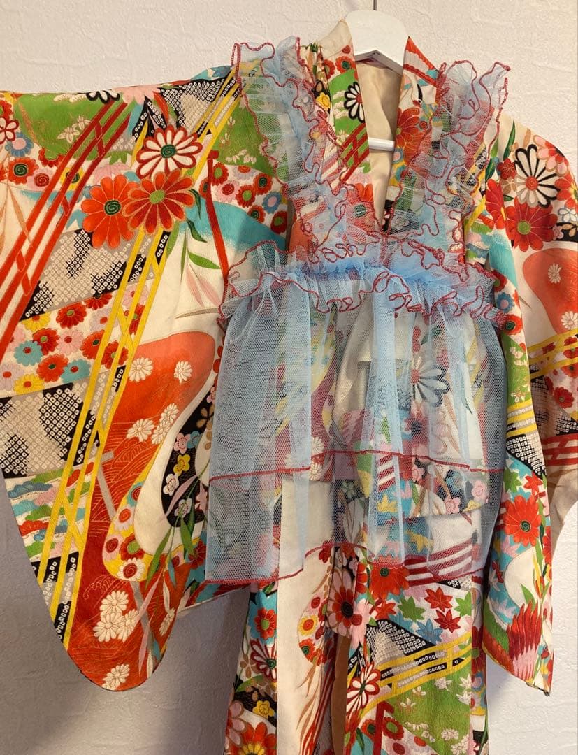 七五三　チュール　七五三　被布　チュール　水色　女の子　レトロ　着物　エプロン