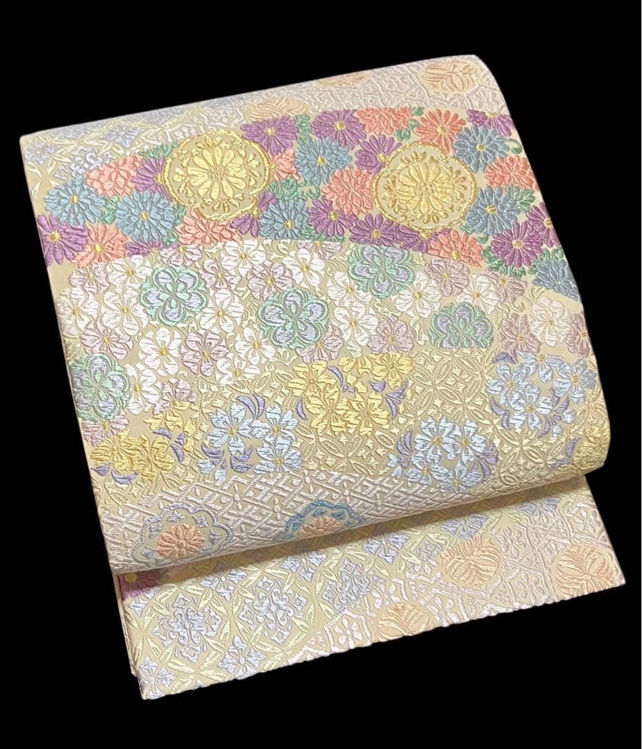 唐織春秋 袋帯 六通柄 正絹 新小石丸 花文 菊 桜 吉祥文様 美品 イ6362