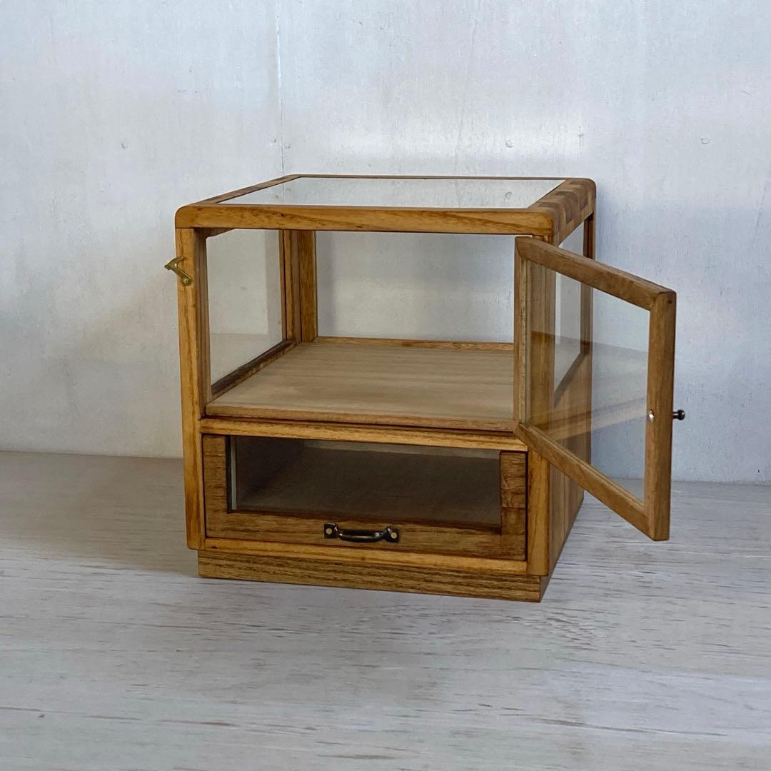 g314 木製ガラスケース 引き出し付き 卓上 ショーケース 小物入れ