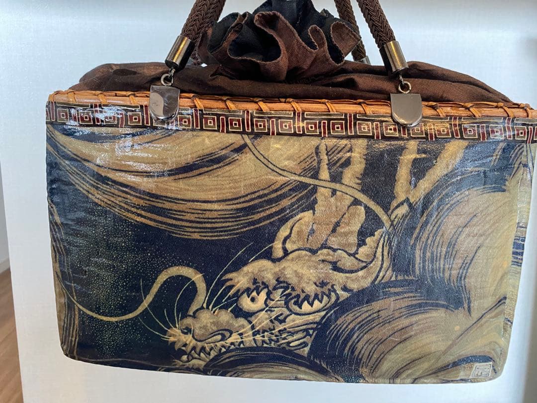 【新品】一閑張り　獅子×龍神　かごバッグ　一貫張　着物用バッグ
