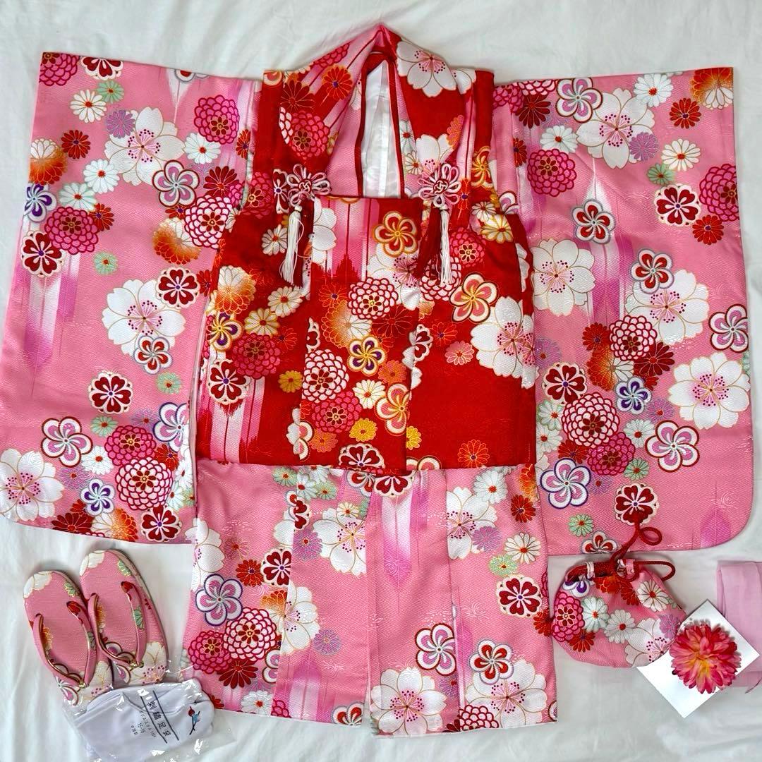七五三 ３歳 女の子 着物セット 被布 フルセット 9点セット ピンク 花柄