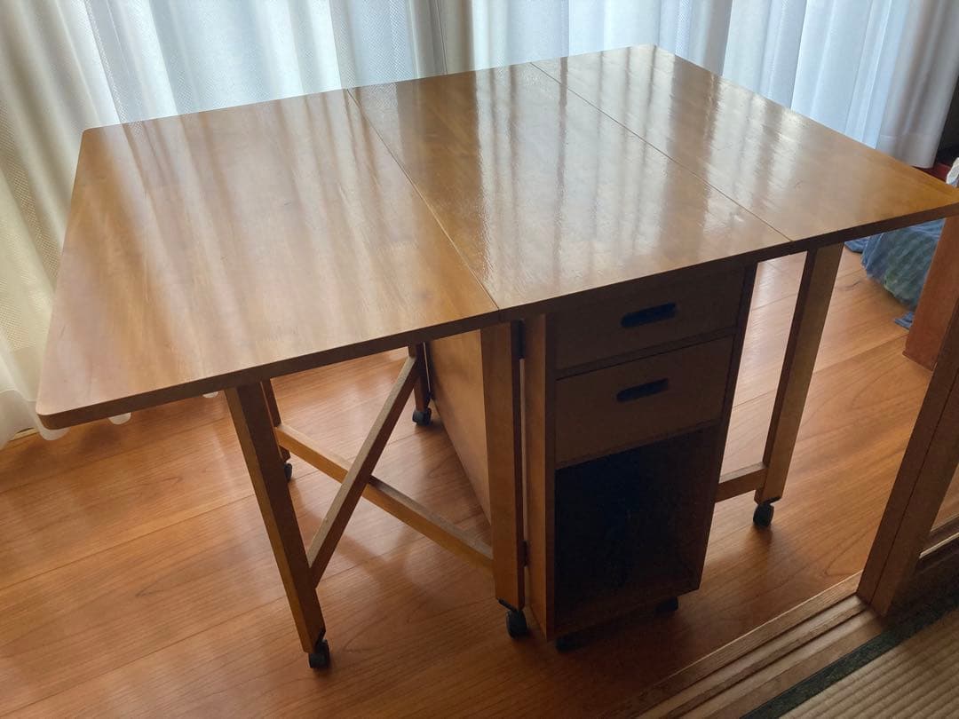 木製 移動式折りたたみテーブル 引き出し付き　ミシン作業台