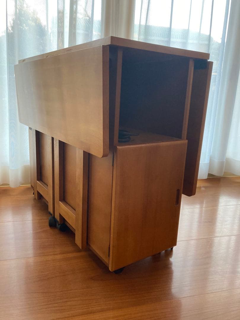 木製 移動式折りたたみテーブル 引き出し付き　ミシン作業台