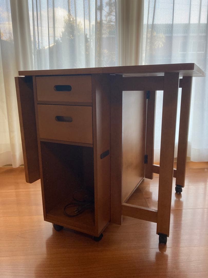木製 移動式折りたたみテーブル 引き出し付き　ミシン作業台