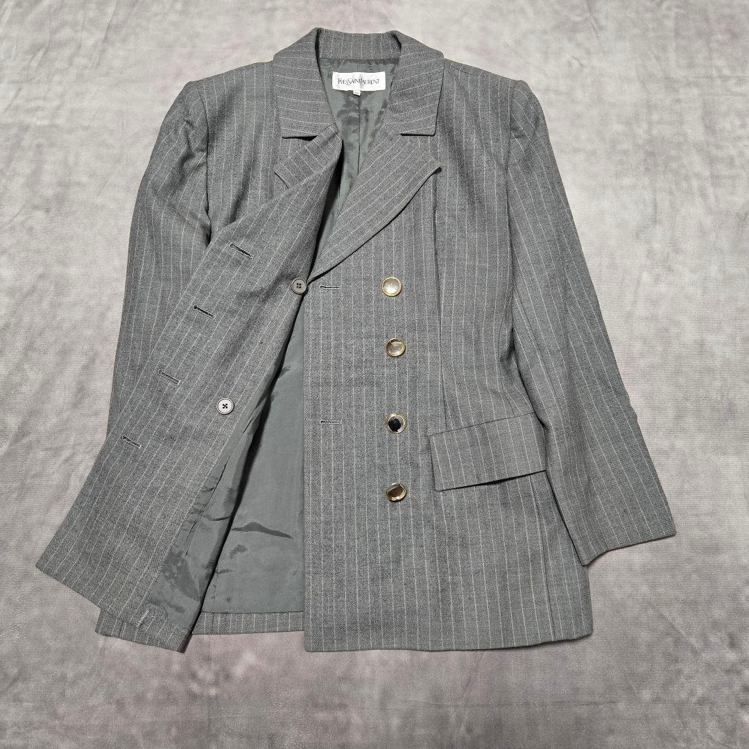 イヴサンローラン ダブル テーラードジャケット グレー ストライプ M