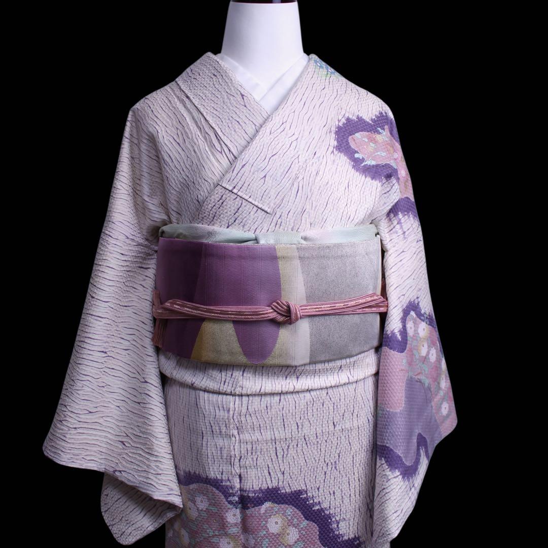 美品　板締め絞り菊模様訪問着/裄65 白　紫　ピンク　d14