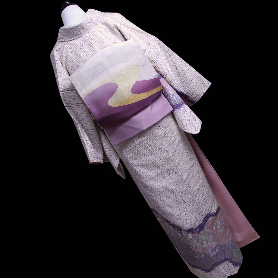 美品　板締め絞り菊模様訪問着/裄65 白　紫　ピンク　d14