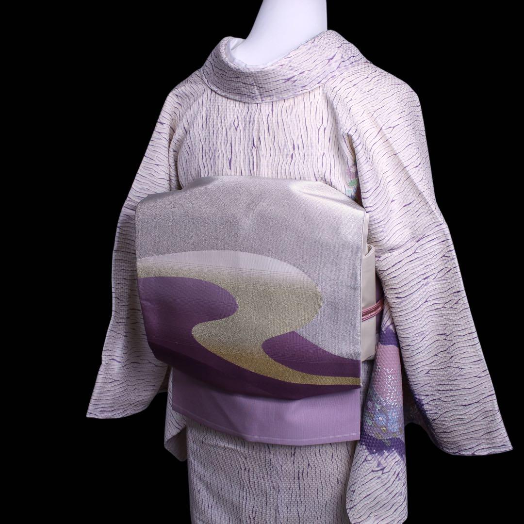 美品　板締め絞り菊模様訪問着/裄65 白　紫　ピンク　d14