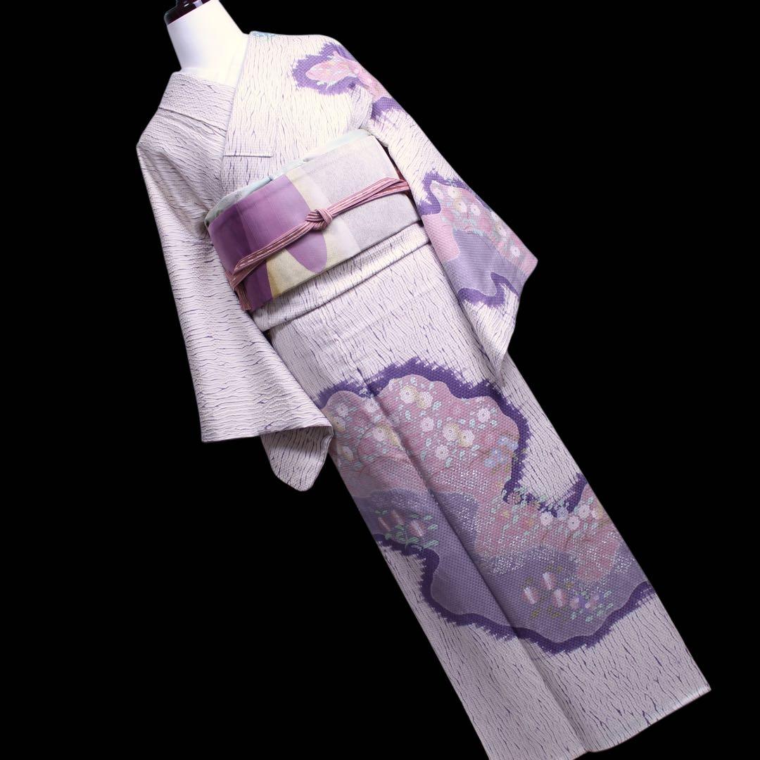 美品　板締め絞り菊模様訪問着/裄65 白　紫　ピンク　d14