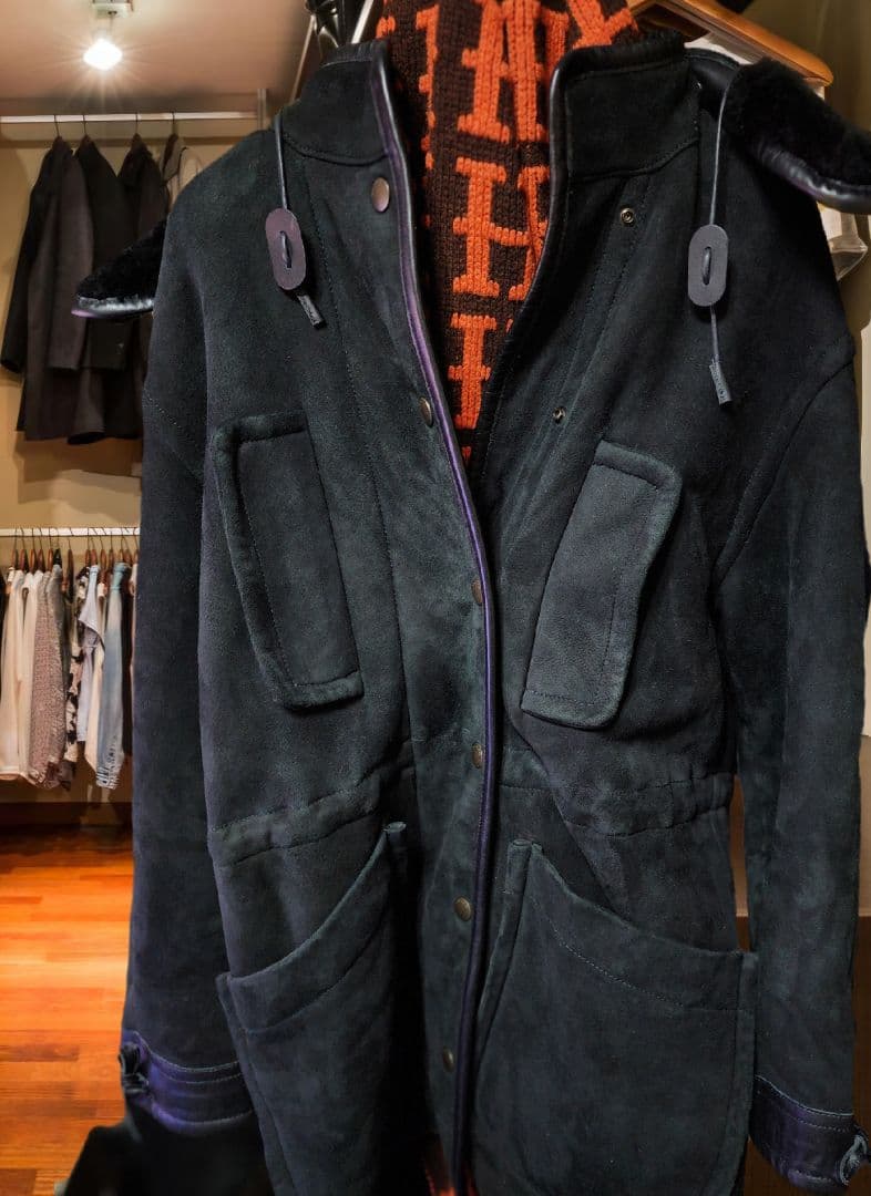 COACH フード付き取り外し可能ブラックスエード ムートンコート