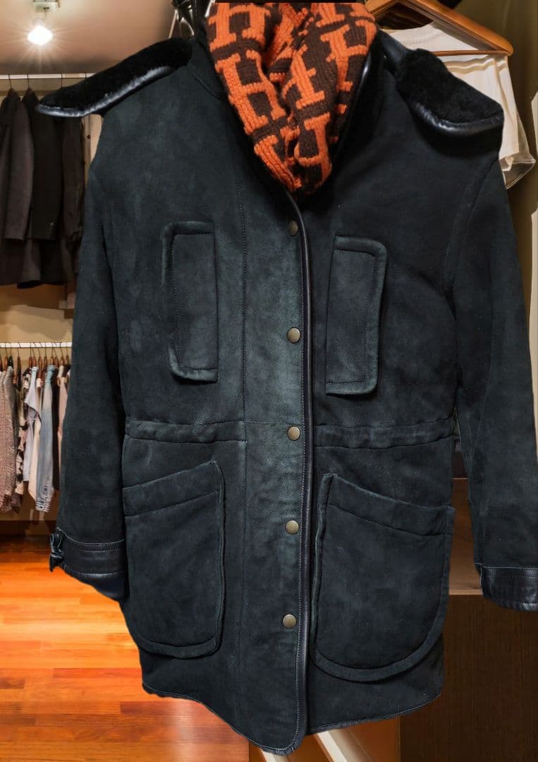 COACH フード付き取り外し可能ブラックスエード ムートンコート