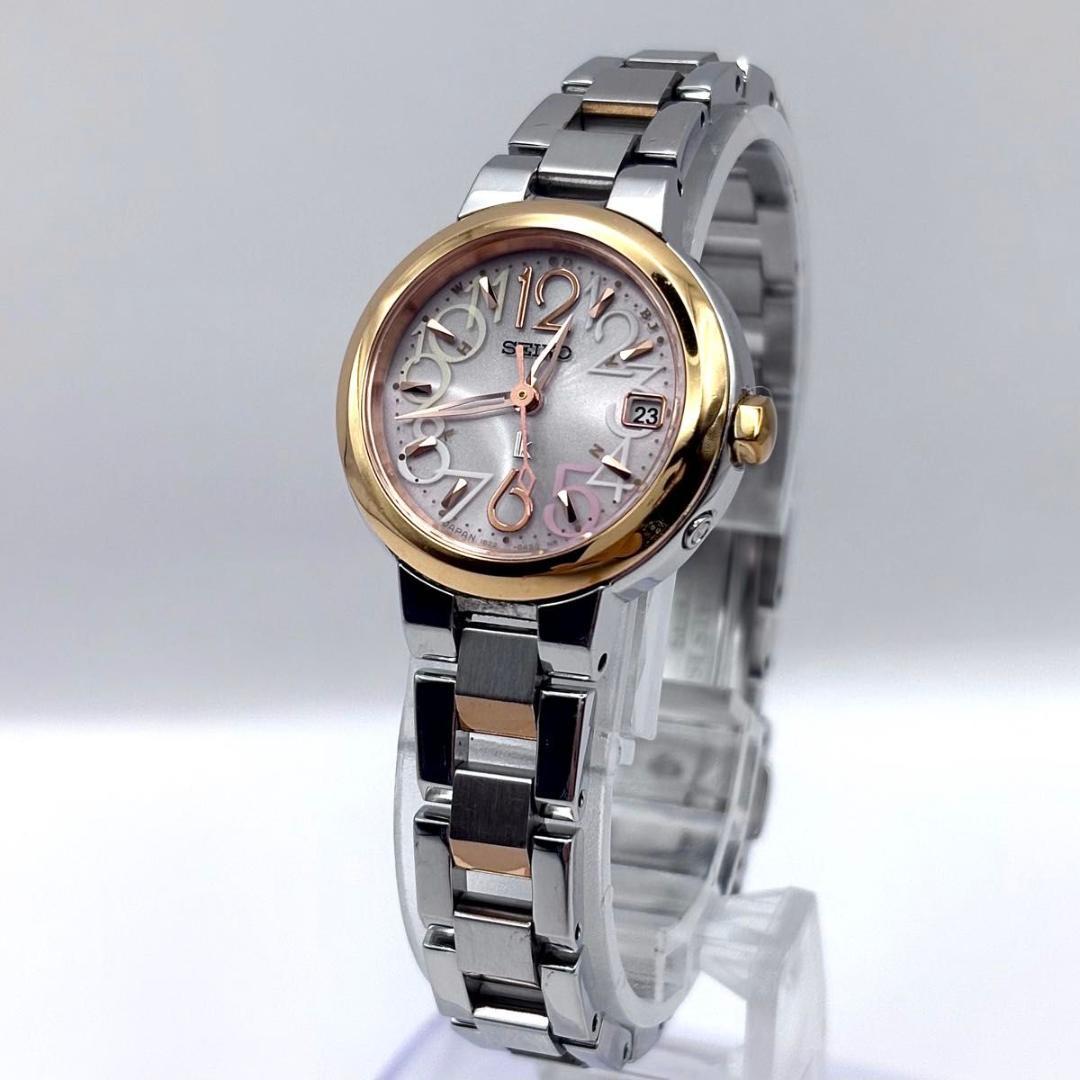 セイコー ルキア 電波ソーラー デイト レディース ピンク 稼働品