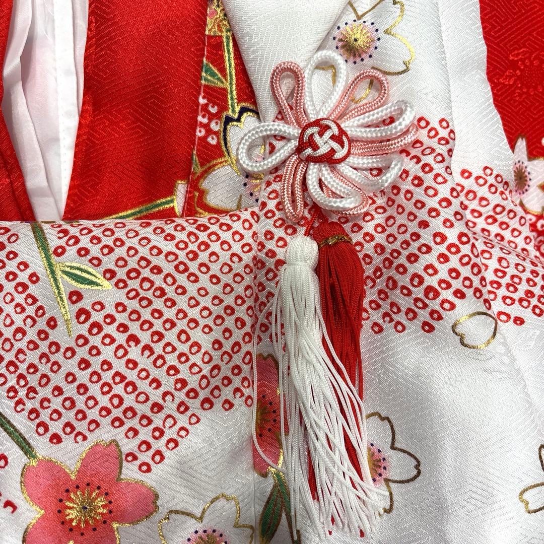 七五三女の子着物9点セット★3歳着物被布草履★赤色着物★白色被布コート★足袋巾着