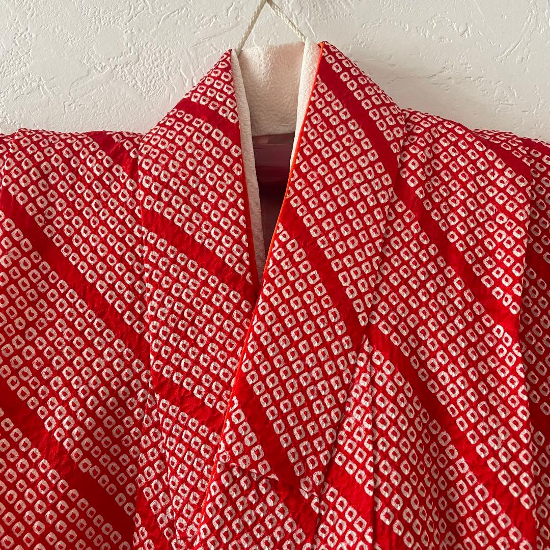 七五三　3歳　正絹　総絞りのお着物セット　赤色半幅帯コーデ