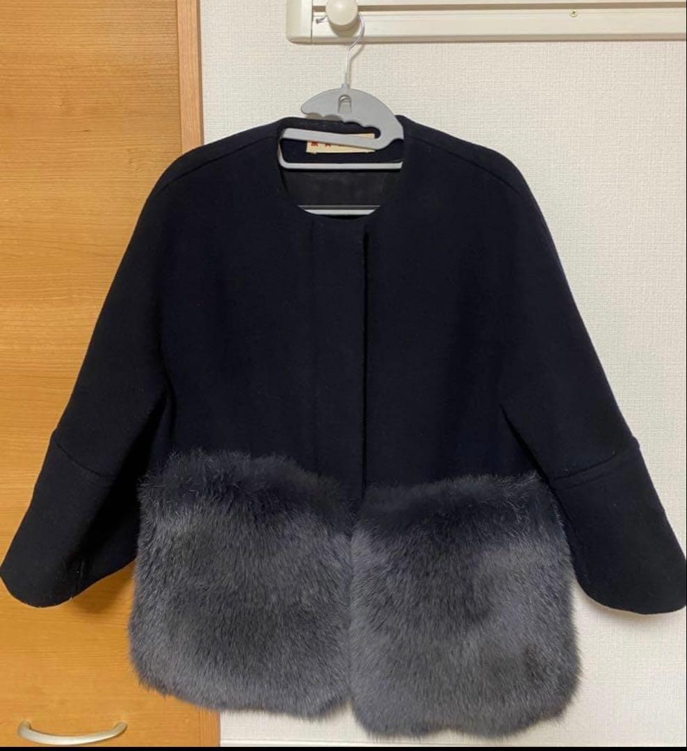 マルニ MARNI コート ノーカラー ネイビー 紺 ファー