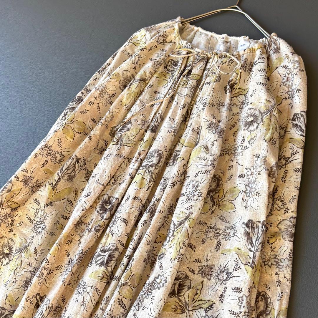 45R ギャザースモック　チュニック　ワンピース　カディコットン　花柄　リボン