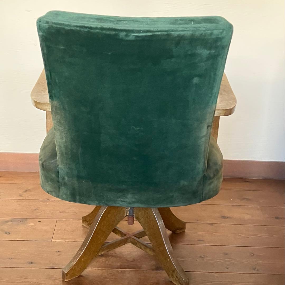 ドクターチェア 回転椅子 昭和レトロなグリーン 布地 スワベルアームチェア