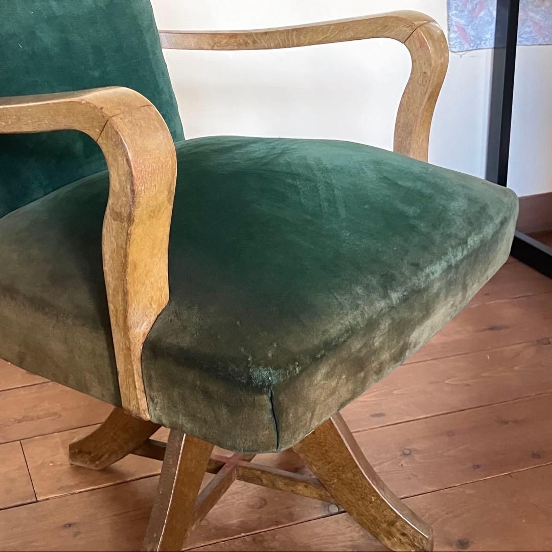 ドクターチェア 回転椅子 昭和レトロなグリーン 布地 スワベルアームチェア