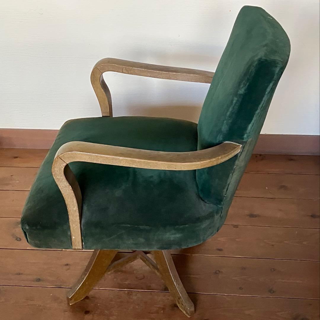 ドクターチェア 回転椅子 昭和レトロなグリーン 布地 スワベルアームチェア