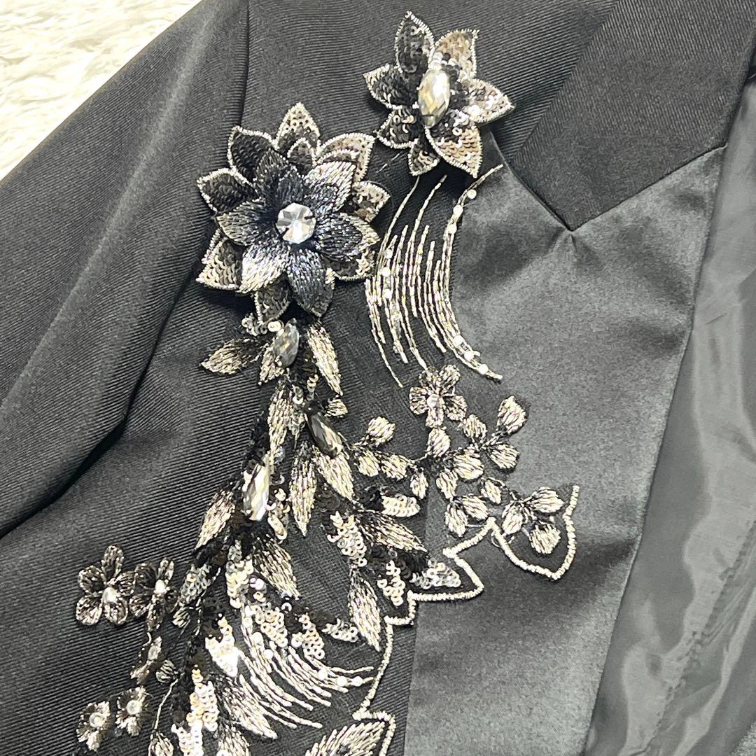【主役級】ビジュー花柄刺繍 メンズテーラードジャケット XXL ステージ衣装 黒