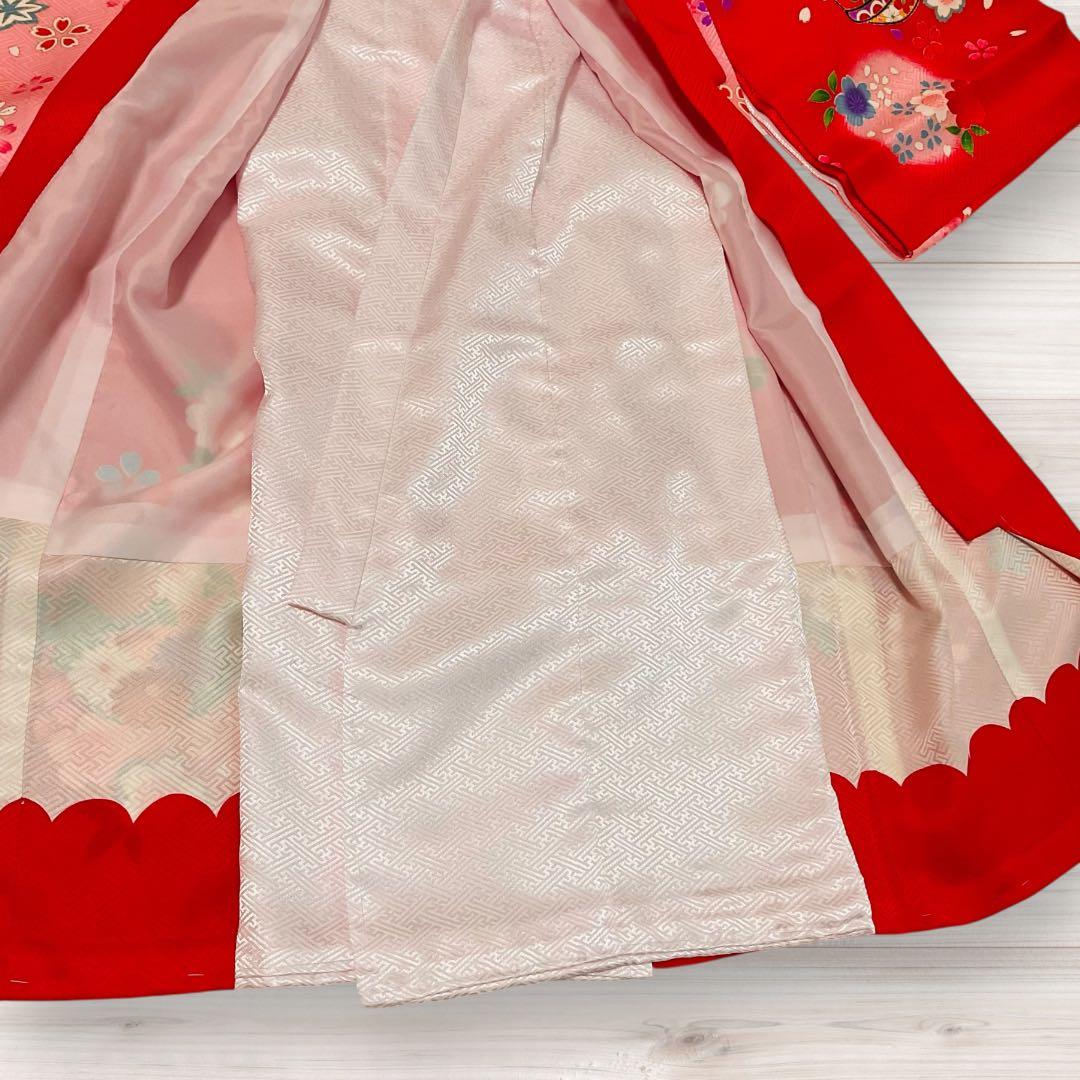 熨斗目　女児お宮参り着物　掛け着 着物と長襦袢セット　赤系　正絹