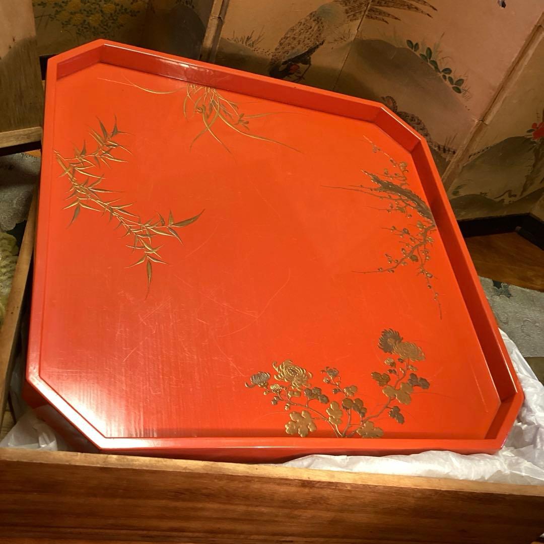 A3014 木製盆　根來　皆朱　隅切　四君子蒔絵　盆　１枚エガ❣️