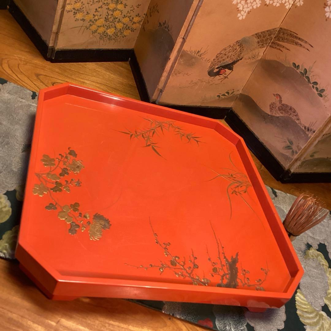A3014 木製盆　根來　皆朱　隅切　四君子蒔絵　盆　１枚エガ❣️