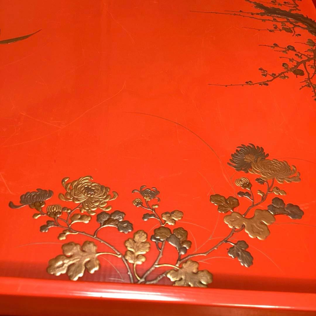 A3014 木製盆　根來　皆朱　隅切　四君子蒔絵　盆　１枚エガ❣️