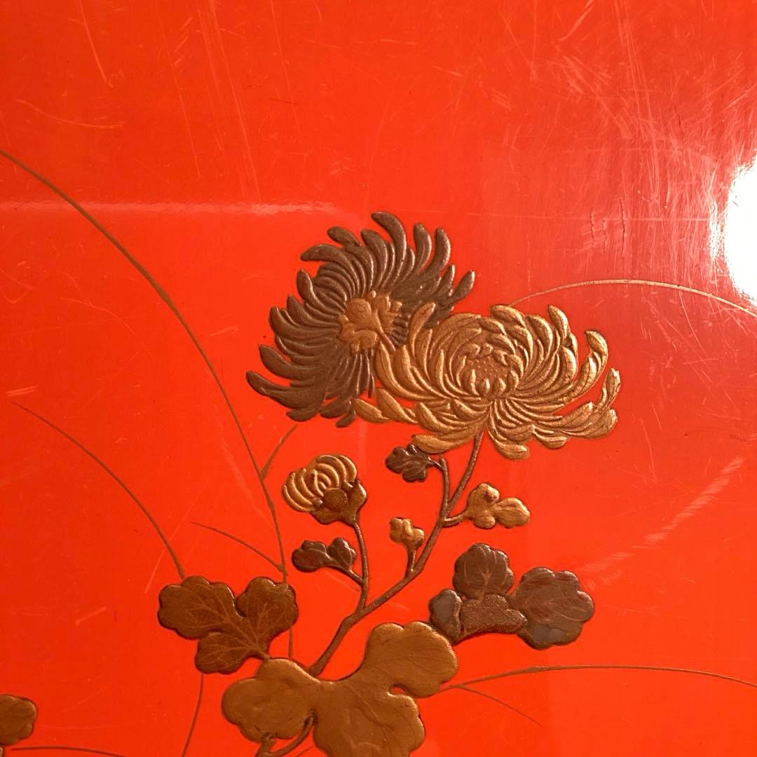 A3014 木製盆　根來　皆朱　隅切　四君子蒔絵　盆　１枚エガ❣️